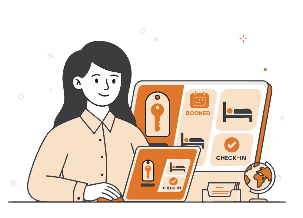 Illustrazione di una receptionist che gestisce prenotazioni e check-in